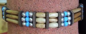 Knochen Halsband Choker, Natur-blau-Silber,-Design, Leder Indianerschmuck