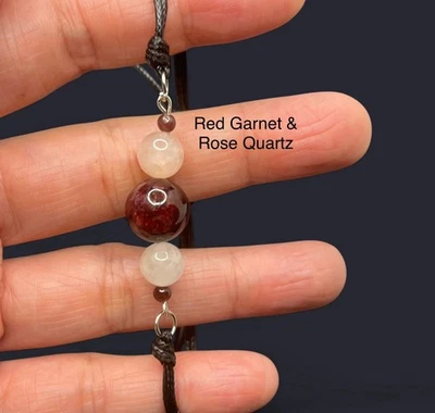 Red Garnet & Rose Quartz Genuine Stone Adjustable Wax Cord Bracelet - Image 1 of 4
