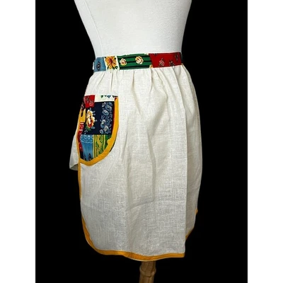 Vintage MCM Half Apron Linen Hostess Pinup Retro Floral - Image 1 of 4