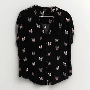 Torrid French Bulldog Black Lightweight Button Down Blouse Rayon Sz 0 Large - Picture 1 of 12