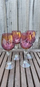 4 Ruby / cranberry Red Bohemian Stem Wine Glass Set With Floral Etched - Picture 1 of 7
