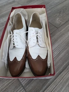 Salvatore Ferragamo White/Brown Wingtip Oxford Flats Size 9AA. EUC - Picture 1 of 10