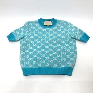 Gucci GG Jacquard 629456 20Aw Short Sleeve Knit Top Cotton Light Blue Sweater  - Picture 1 of 10