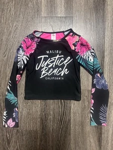 Justice girls size XS malibu beach long sleeve swim black floral rash guard - Picture 1 of 3