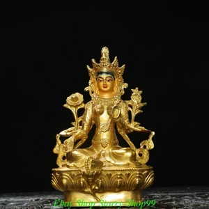 5.9" Old Nepal Bronze Gilt Painting Buddhism Green Tara Goddess Buddha Statue - Picture 1 of 9
