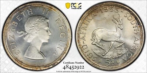 SOUTH AFRICA 5 Shillings 1953 PCGS PL64 Gold Shield 'Springbok' - Picture 1 of 2