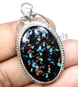 925 Sterling Silver Pendant 50.35 Ct Sparking Fire Black Opal Beautiful Pendant - Picture 1 of 9