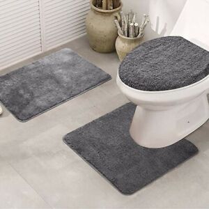 3Pcs Washable No-Slip Bathroom Pedestal Rug Carpet Toilet Lid Cover Bath Mat Set