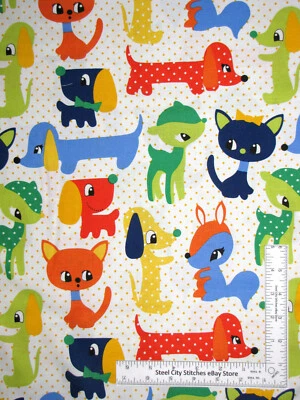 Animal Fabric Cat Dog Deer Multi Color White Cotton Michael Miller By The Yard - Image 1 of 2