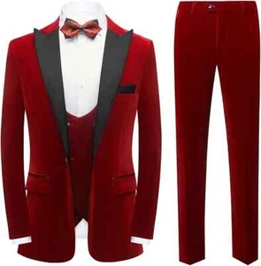 Hombres Traje de Terciopelo Rojo Pico Solapa Lujo Novio Esmoquin Boda Fiesta Baile de graduación Personalizado - Imagen 1 de 9