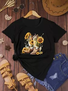 Stylish Women's Cowboy Boots Print T-shirt, Casual Crew Neck Short Sleeve Top - Picture 1 of 12