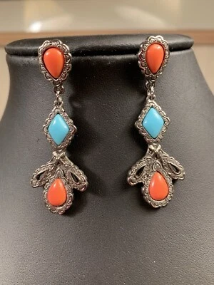 Nuevos pendientes artesanales de plata tibetana con coral y turquesa Foto 1 de 3