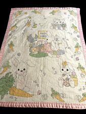 Vintage Precious Moments Baby Crib Quilt Bunny Carrots Pink Silk Edging Cute