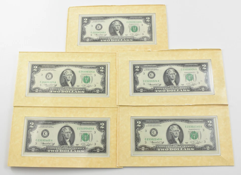 Lot (5) 1976 Unc Jefferson Coin and Currency Set FRN Bill $2 Lot Note *0794 - Image 1 of 4