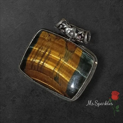 Impresionante colgante de piedras preciosas de plata 925 ojo de tigre grueso rectangular 4561 Foto 1 de 4