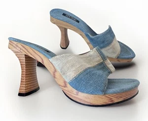 Vintage 90s Y2K SPLASH Patchwork Denim Heels Slides Mules Sandals Shoes Size 7.5 - Picture 1 of 11