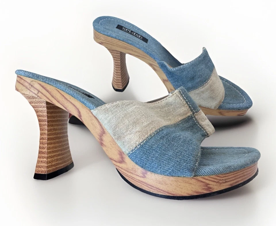 Sandalias de tacón de mezclilla con retazos vintage de los 90 Y2K SPLASH talla 7,5 Foto 1 de 4
