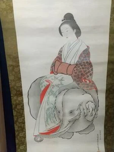 JAPANESE PAINTING HANGING SCROLL JAPAN BEAUTY WOMAN LADY Elephant e877 - Picture 1 of 9