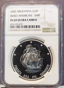 2002 ARGENTINA SILVER 25 PESOS PRESIDENTE SARMIENTO SHIP NGC PF 69 ULTRA CAMEO - Picture 1 of 3