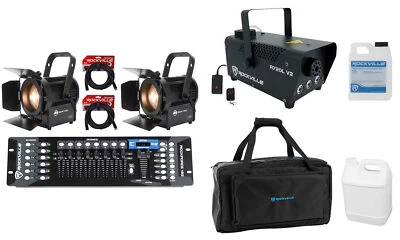 (2) American DJ ENCORE FR50Z Fresnel Beam Lights w/Barn Doors+DMX Control+Fogger - Image 1 of 4