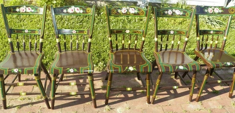 5 Paint Decorated Plank Seat Chairs Farmhouse Rustic Primitive Dark Olive Green Cover