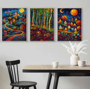 3er Set Nacht Dorf Szene mit leuchtenden Farben Poster Home Kunstdruck A4 - Bild 1 von 2