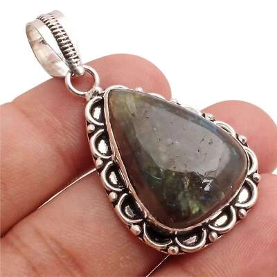 Pietra Labradorite Placcato Argento Handmade Ciondolo Gioielli Idea Regalo 3.5cm - Immagine 1 di 3