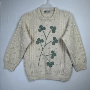 Vintage Pullover reine Schurwolle Kleeblatt Popcornstich creme grün Damen Large - Bild 1 von 11