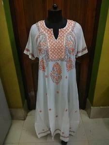 HANDMADE ETHNIC LONG MAXI 2XL 46" TOP 100% COTTON KURTA KURTI CHIKAN EMBROIDERY - Picture 1 of 7