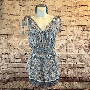 Bebop Women's Blue Floral Open Back Pockets Shorts Romper With Headband Small - Picture 1 of 8