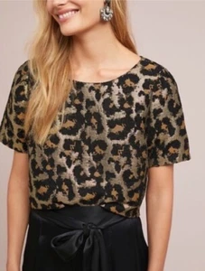 Anthropologie Hutch Damen Leopardenmuster Top Schwarz Gold Metallic Gr. L Neu mit Etikett - Bild 1 von 8