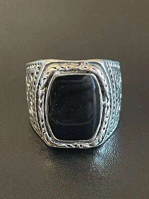 Модный черный обсидиан камень S925 серебро покрытием мужчин женщин заявление кольцо размер 7,5 - Изображение 1 из 4