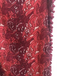 Nicole Marciano Woman's Red Roses Print w/ Pom Pom Trim Long Infinity Scarf EUC - Picture 1 of 5