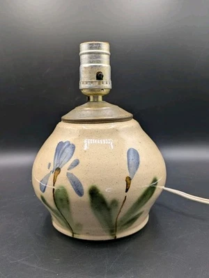 Vtg Stoneware Art Pottery Table Lamp Round Hand Painted Iris Flowers Signed 8" - Image 1 of 4