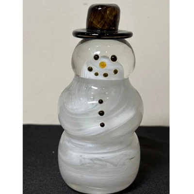 Hand Blown Solid Glass Snowman Figurine Top Hat Swirl White Winter Holiday Decor - Image 1 of 4