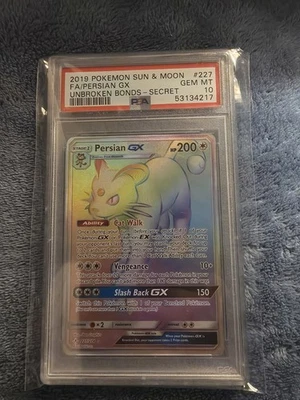 2019 POKEMON SUN & MOON UNBROKEN BONDS SECRET #227 PERSIAN GX PSA 10 - Image 1 of 2