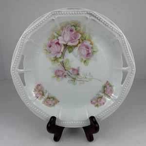 Vtg PK Silesia Reticulated Plate 9” Pink Roses Germany Porcelain Handled Dish - Picture 1 of 6