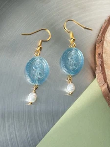 Light Blue Rose Earrings with Real Freshwater Pearl Drop – Vintage-Inspired - Picture 1 of 5
