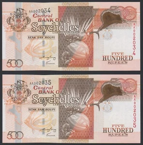 Seychelles 500 rupees 2005 Coco & Man Fish P41 Prefix AA UNC Consecutive Pair - Picture 1 of 12