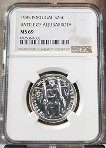 1985 PORTUGAL SILVER 25 ESCUDOS BATTLE OF ALJUBARROTA NGC MS 69 RARE GEM TOP POP - Picture 1 of 3