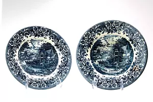 Staffordshire 17th Century Blue Floral Rim Soup Bowl 8" Salad Plate 8.5" - Picture 1 of 7