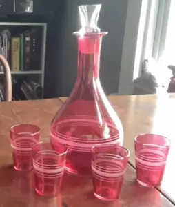 Vintage Cranberry Cordial Liqueur Set. Flask With 4 Glasses Cut to Clear Top. - Picture 1 of 4