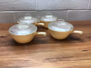 4 Fire King Ovenware Peach Luster Beehive Handle Soup Bowls Lid Chili Dish Pot - Picture 1 of 9