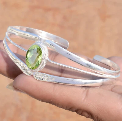 Faceted Peridot Gemstone 925 Sterling Silver Bracelet Man's Birthday Jewelry - Image 1 of 4