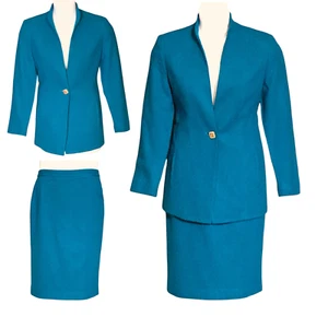Vintage 1980s Augustus Wool Skirt Suit Sz 12 One-Button Blazer Teal Blue Glam - Picture 1 of 12