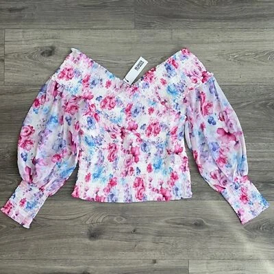 BB Dakota Smocked Off the Shoulder Top Large Sheer Balloon Sleeve Floral Cottage - Image 1 of 4