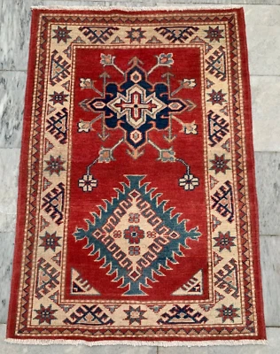 Vintage Hand Knotted Caucasian Kazak Rug Handmade Bedroom Boho Rug 3x4 ft - Image 1 of 4