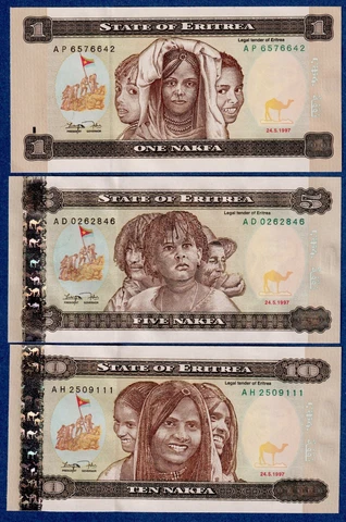 Eritrea  Set, 1,5,10  Nakfa (1997) P- 1  to 3, UNC First Issue Cover