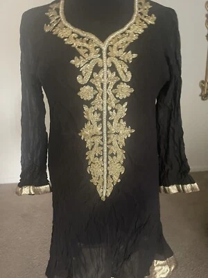Blusa túnica india manga larga seda negra adornada talla L Foto 1 de 2
