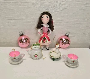 Vintage Pink Ornament Set Kurt Adler Shiny Brite Tea Party 5" Doll Wood  - Picture 1 of 24